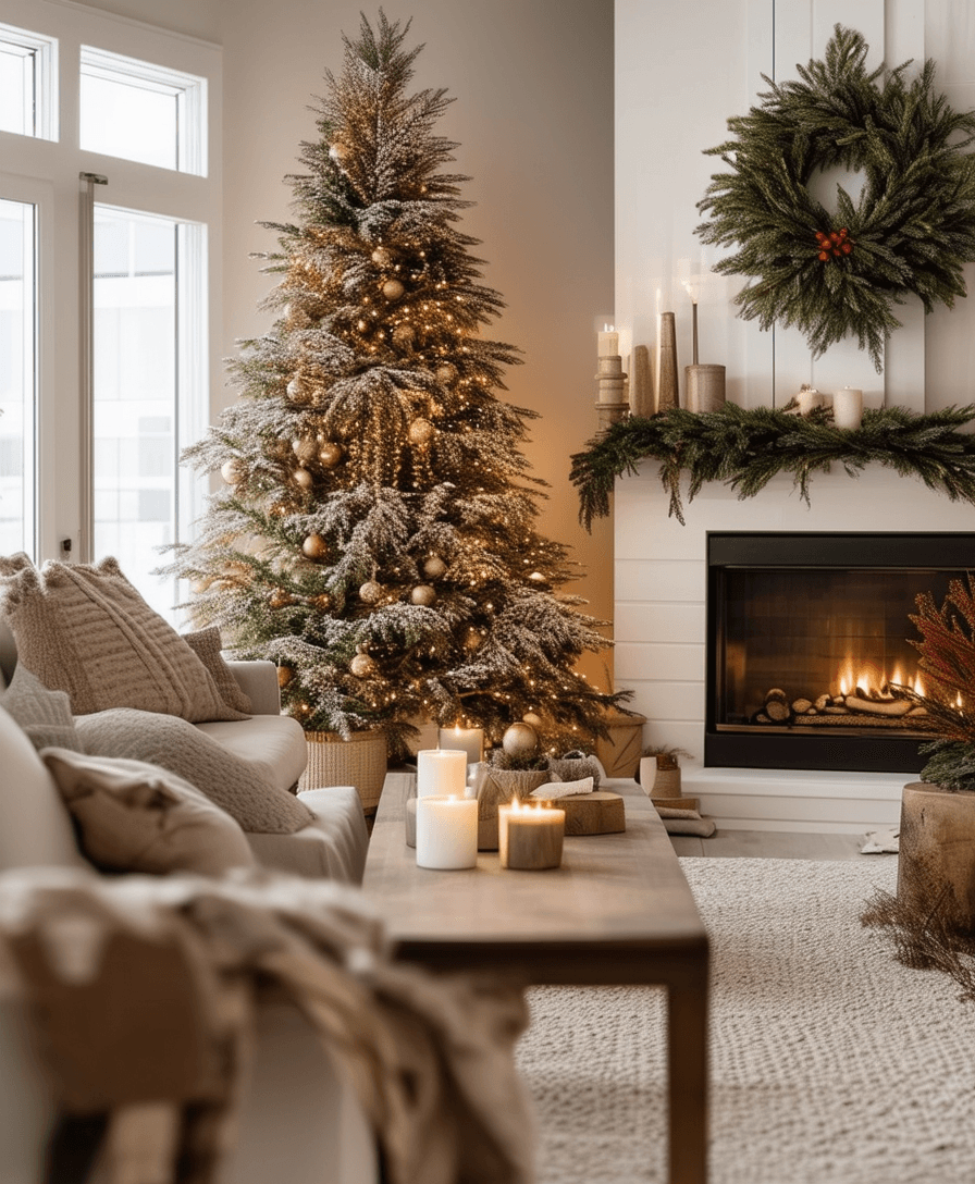 Frosted Christmas Tree and Fireplace with a Festive Wreath Frosted Christmas Tree and Fireplace with a Festive Wreath — Cozy Christmas Living Room