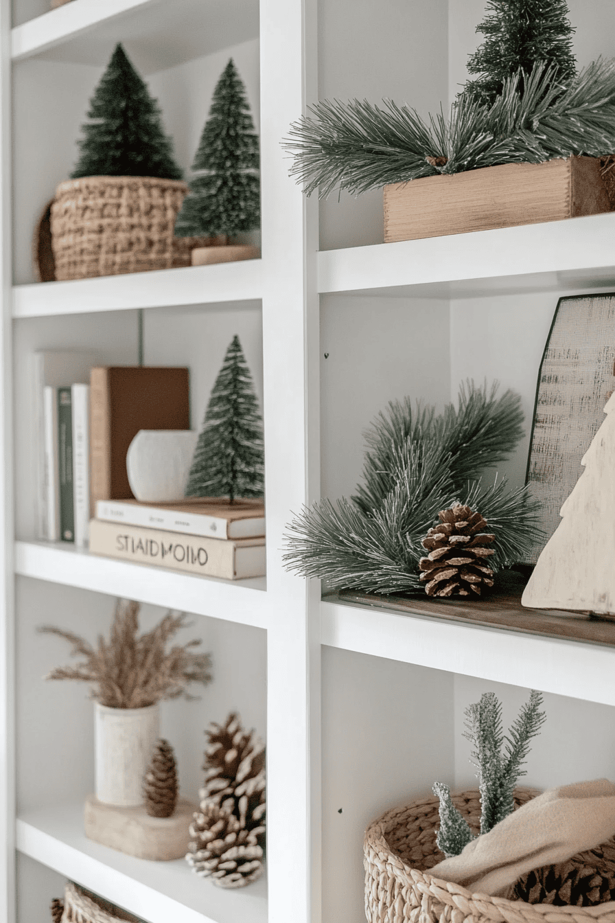 Minimalist Bookshelf with Miniature Trees and Pine Branches Minimalist Bookshelf with Miniature Trees and Pine Branches — Christmas Bookshelf Decor