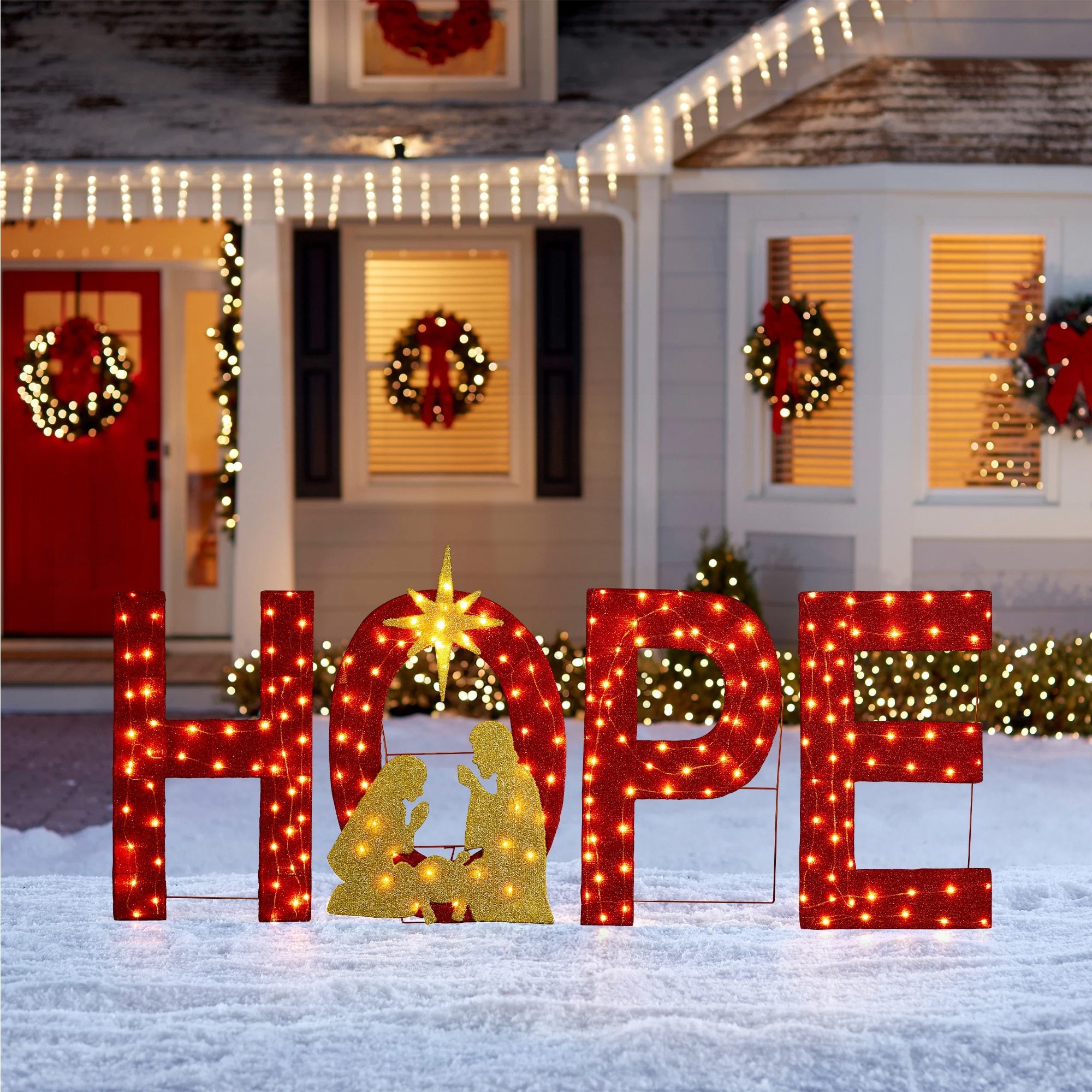 Festive Front Yard with Lighted 'HOPE' Sign and Nativity — Christmas House Exterior Decor