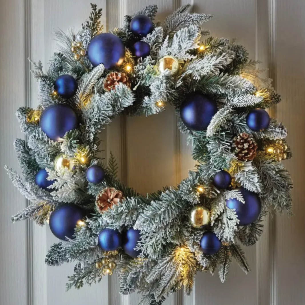 Modern Wreath with Blue Baubles and Frosted Effect Modern Wreath with Blue Baubles and Frosted Effect — Christmas Wreath