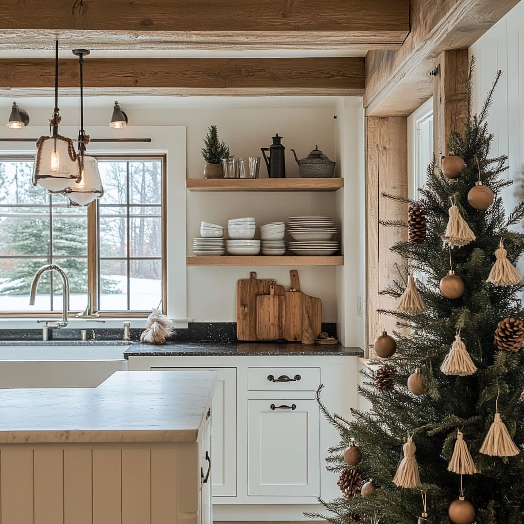 Farmhouse Kitchen with Large Christmas Tree and Rustic Elements — Farmhouse Christmas Kitchen