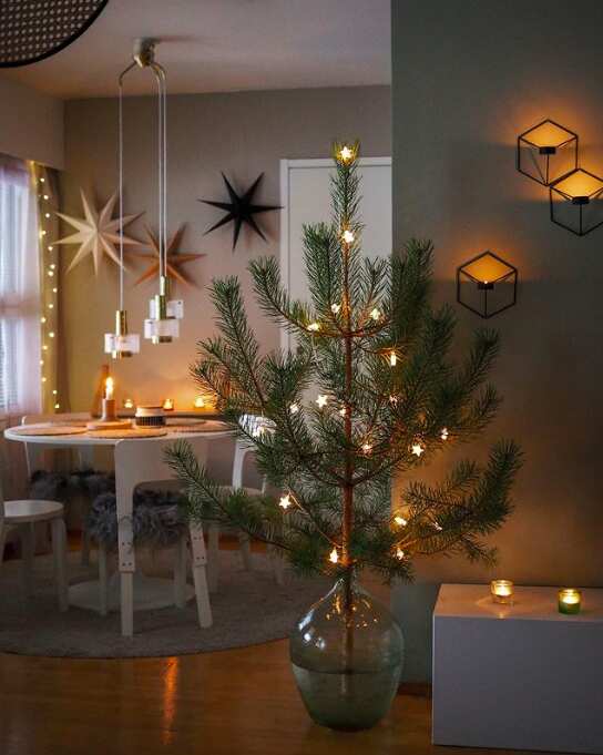 Minimalist Scandinavian Tree in a Glass Vase with Star Lights Minimalist Scandinavian Tree in a Glass Vase with Star Lights — Scandinavian Christmas Tree