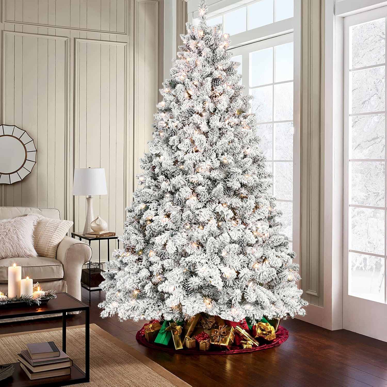 Flocked Christmas Tree with Warm White LED Lights and Gifts Flocked Christmas Tree with Warm White LED Lights and Gifts — White Christmas Tree Decor