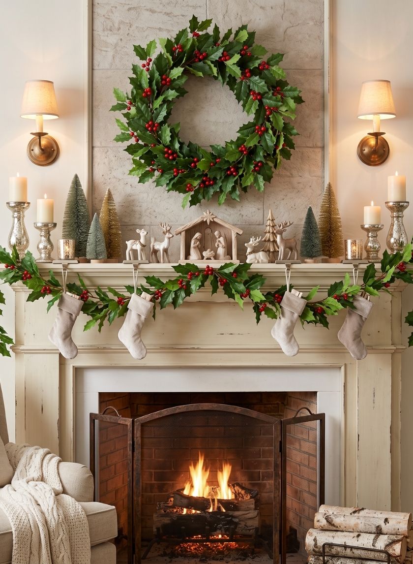 Charming Christmas Mantel Display with Nativity Scene Charming Christmas Mantel Display with Nativity Scene — Elegant Christmas Decor