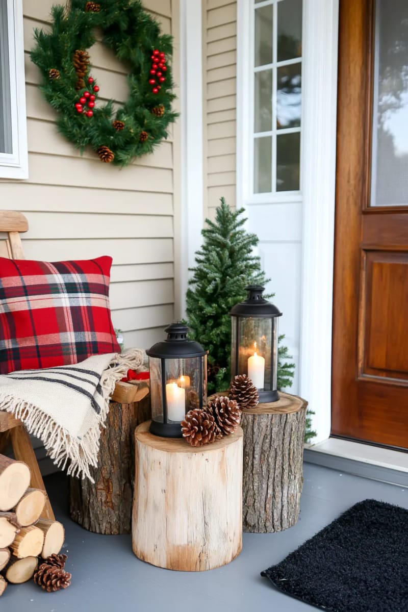Cozy Porch with Wreath, Lanterns, and Plaid Pillow — Rustic Christmas Decor