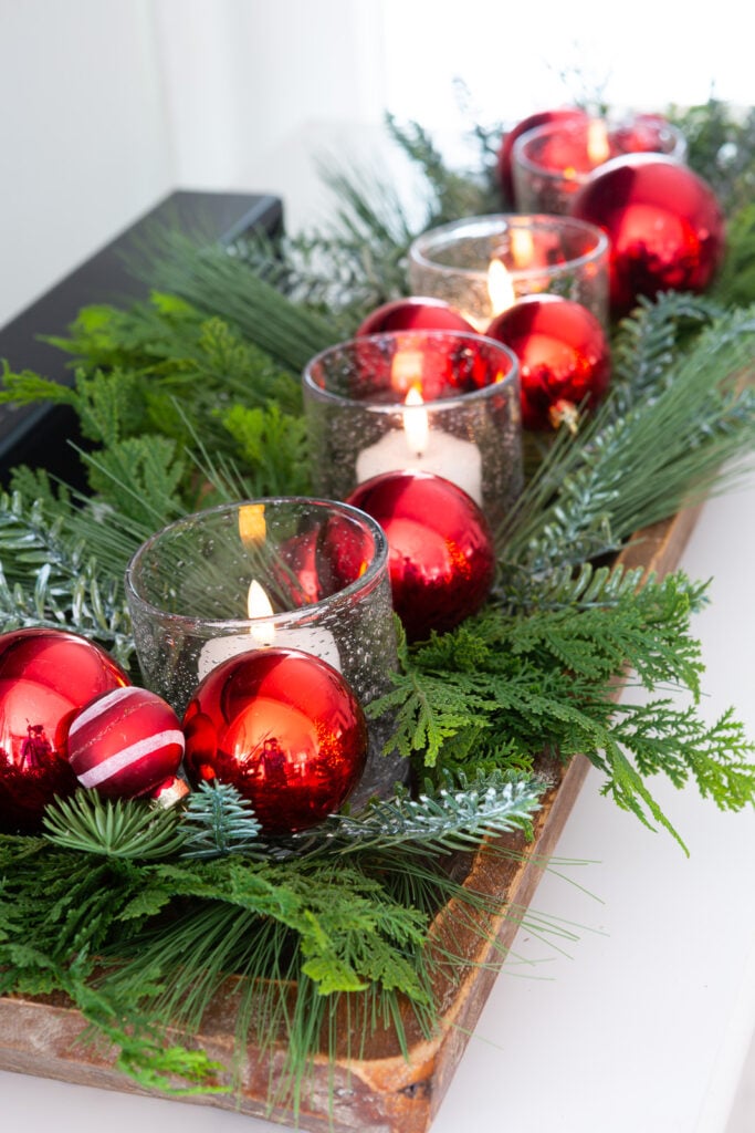 Simple Wooden Tray Centerpiece with Candles and Ornaments Simple Wooden Tray Centerpiece with Candles and Ornaments — Simple Christmas Centerpiece