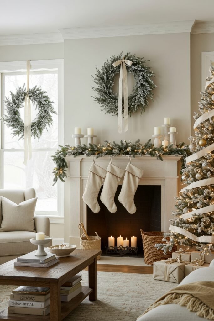 Flocked Christmas Tree with White Ribbon and Gold Baubles Flocked Christmas Tree with White Ribbon and Gold Baubles — Cozy Christmas Living Room