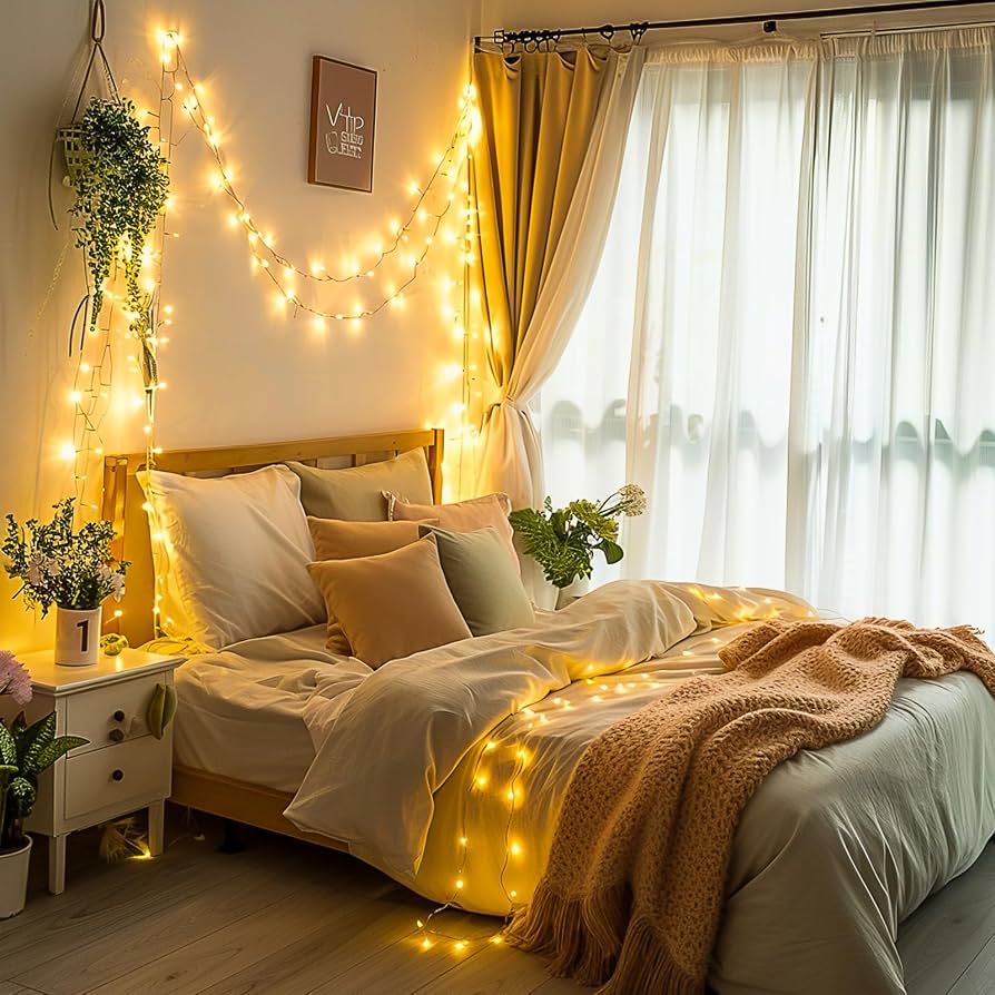 Festive Bedroom with Fairy Lights Draped Across Wall and Bedding — Christmas Fairy Lights Headboard