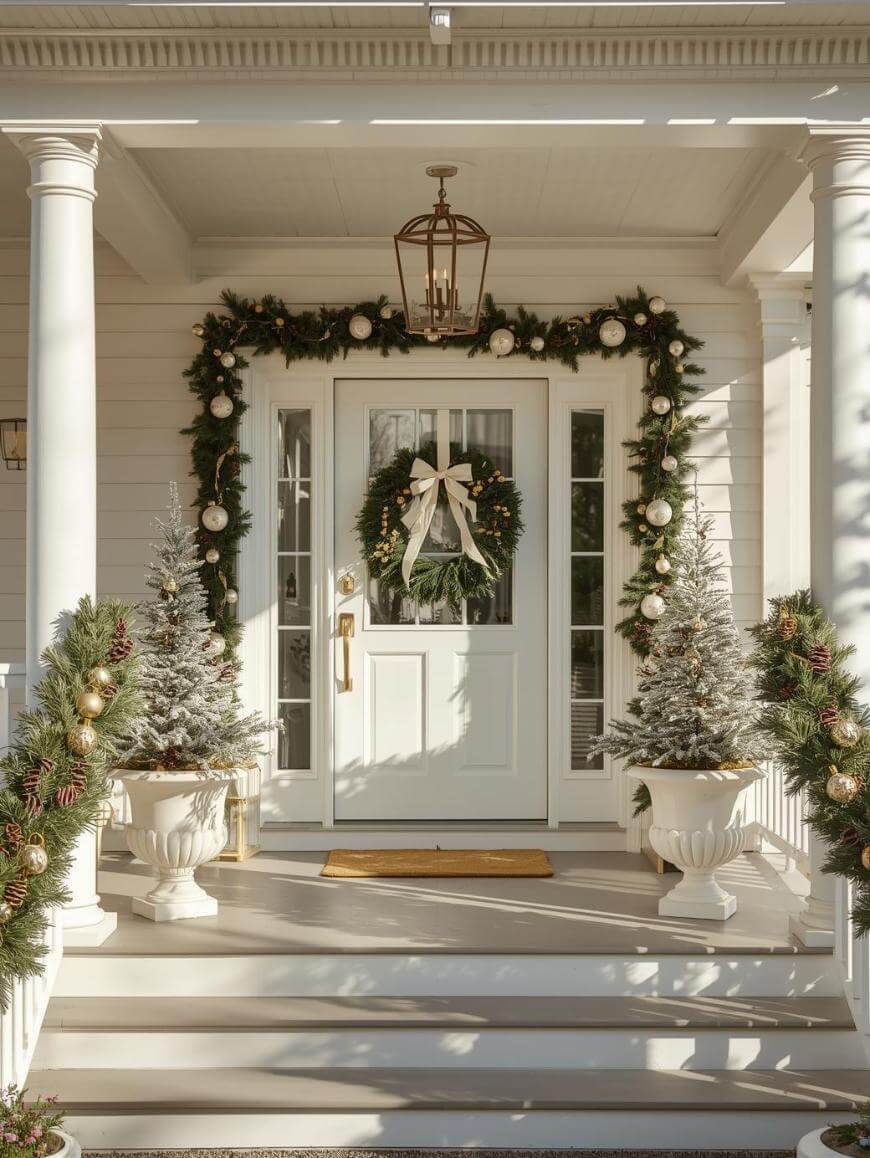 Elegant White Door with Flocked Trees in Urns and Cream Bow Elegant White Door with Flocked Trees in Urns and Cream Bow — Christmas Front Door Decor