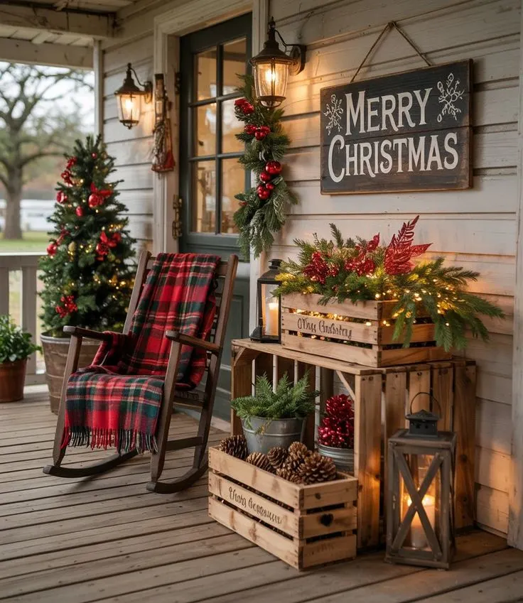 Inviting Farmhouse Porch with Rustic Layered Decor Inviting Farmhouse Porch with Rustic Layered Decor — Christmas Light Display Ideas