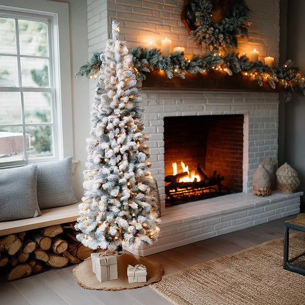 Slim Flocked Tree Near a Cozy Brick Fireplace in Modern Farmhouse Style Slim Flocked Tree Near a Cozy Brick Fireplace in Modern Farmhouse Style — White Christmas Tree Decor