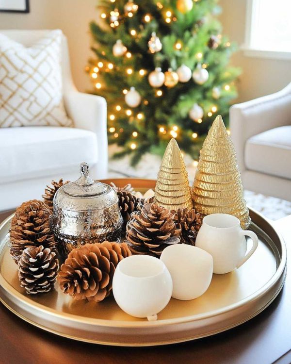 Glamorous Tray with Gold Trees and Pinecones Glamorous Tray with Gold Trees and Pinecones — Christmas Coffee Table Decor