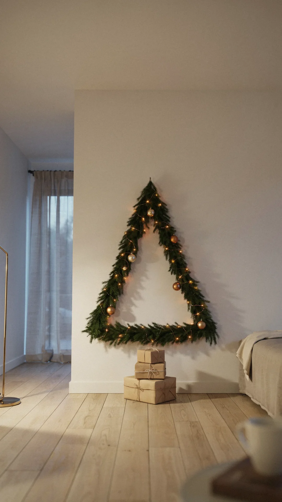 Space-Saving Wall-Mounted Fir Branch Tree — Christmas Apartment Decor