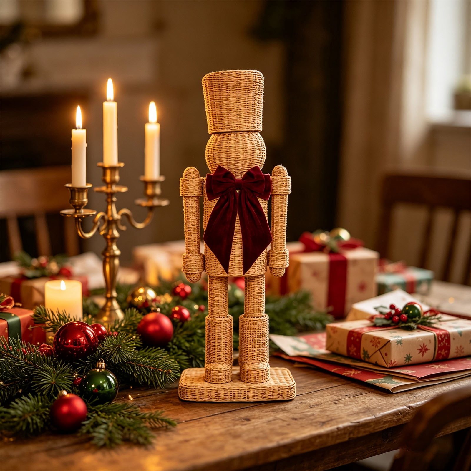 Rustic Christmas Dining Table with Wicker Nutcracker — Nutcracker Display