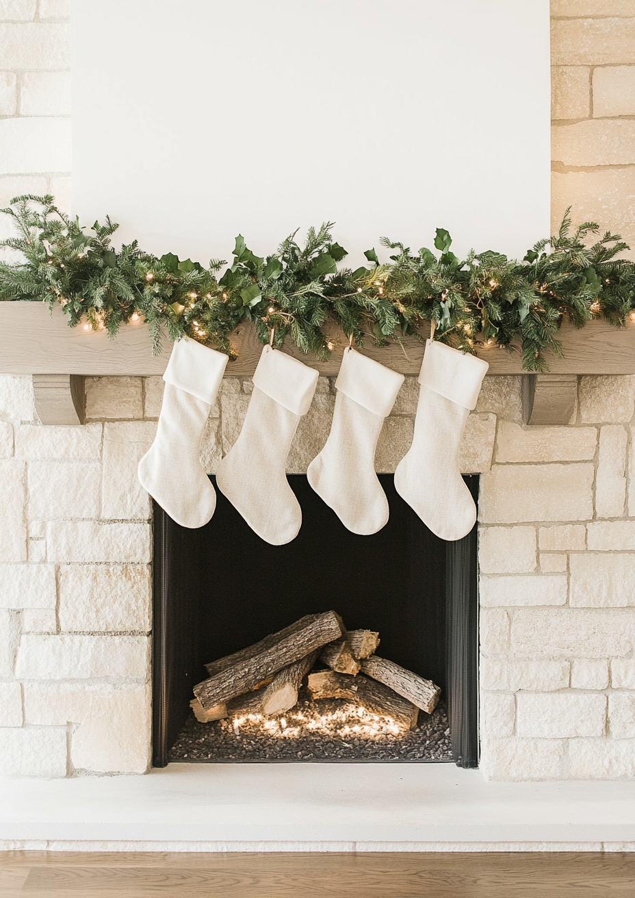 Elegant Stone Fireplace with Lighted Garland and White Stockings Elegant Stone Fireplace with Lighted Garland and White Stockings — Christmas Fireplace Decor