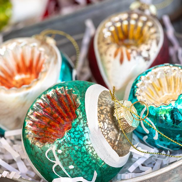 Intricate Teal and Gold Vintage Glass Ornaments in a Tray — Vintage Christmas Ornaments