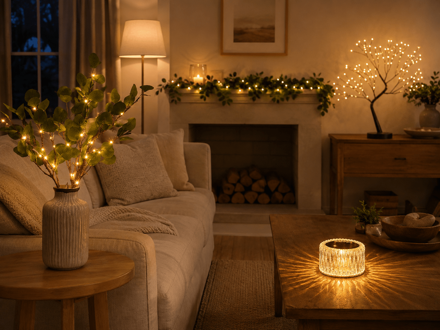 Eucalyptus Branches Embellished with Fairy Lights — Christmas Fairy Lights Living Room