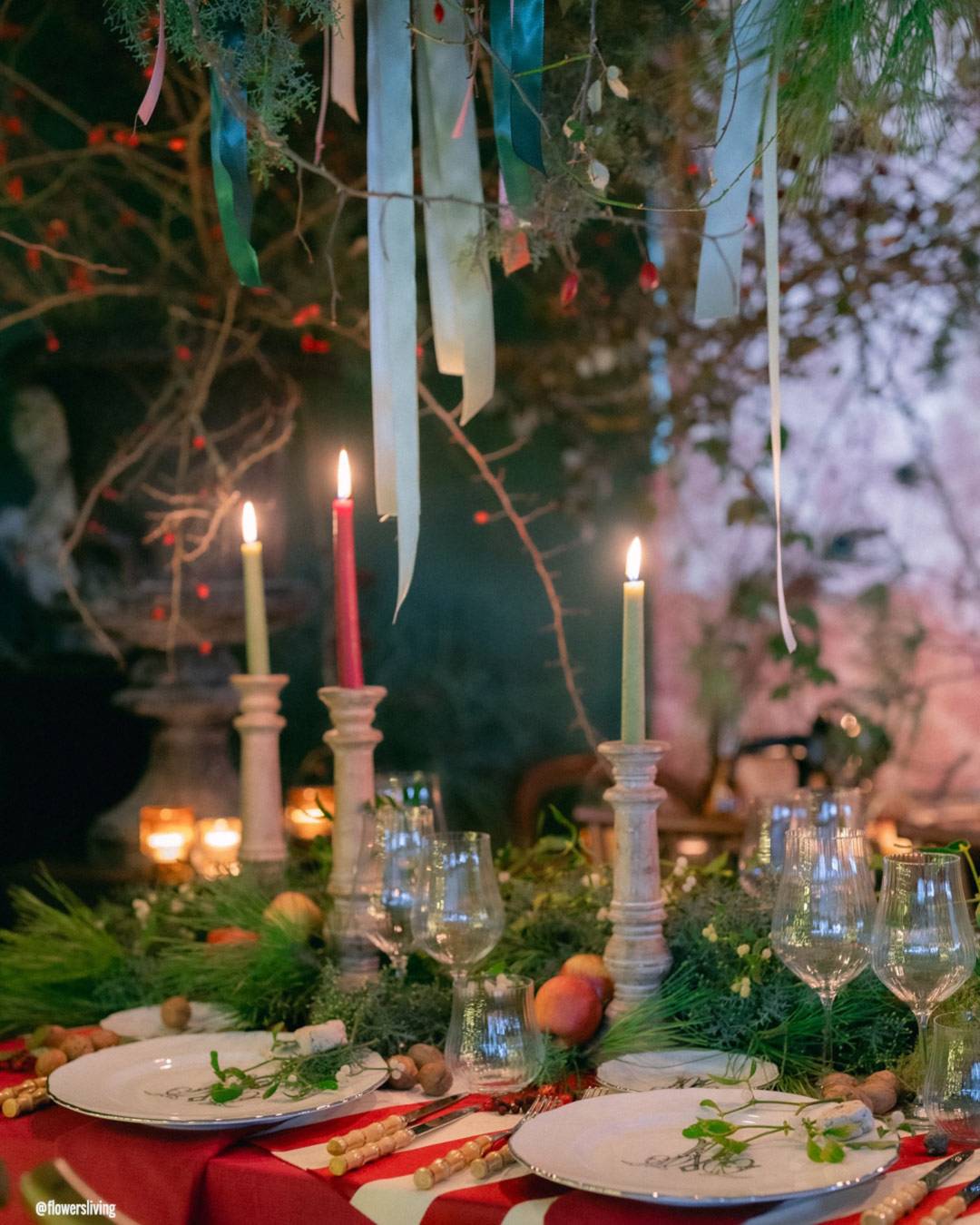 Rustic Tall Candle Holders with Greenery and Fruit Accents Rustic Tall Candle Holders with Greenery and Fruit Accents — Christmas Wedding Centerpiece