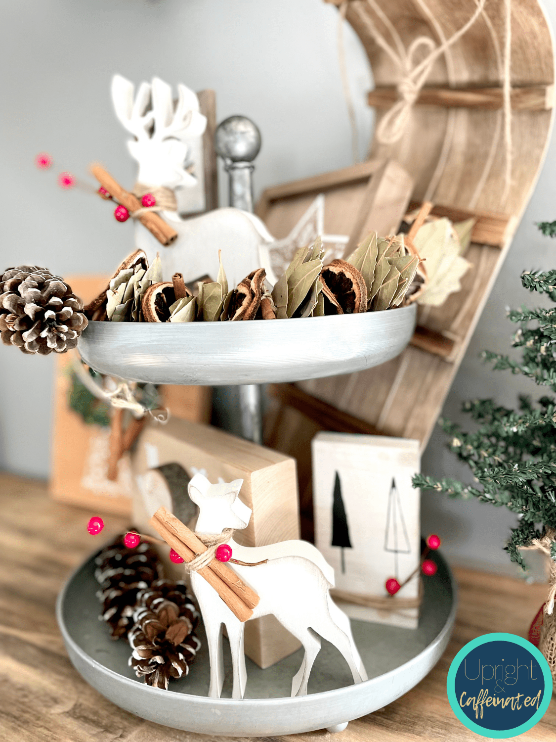 Farmhouse Tiered Tray with Natural Elements: Reindeer, Pinecones, and Oranges — Christmas Tiered Tray
