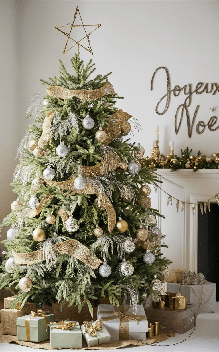 Rustic Christmas Tree with Burlap Ribbon and Presents — Sage Green Christmas Decor