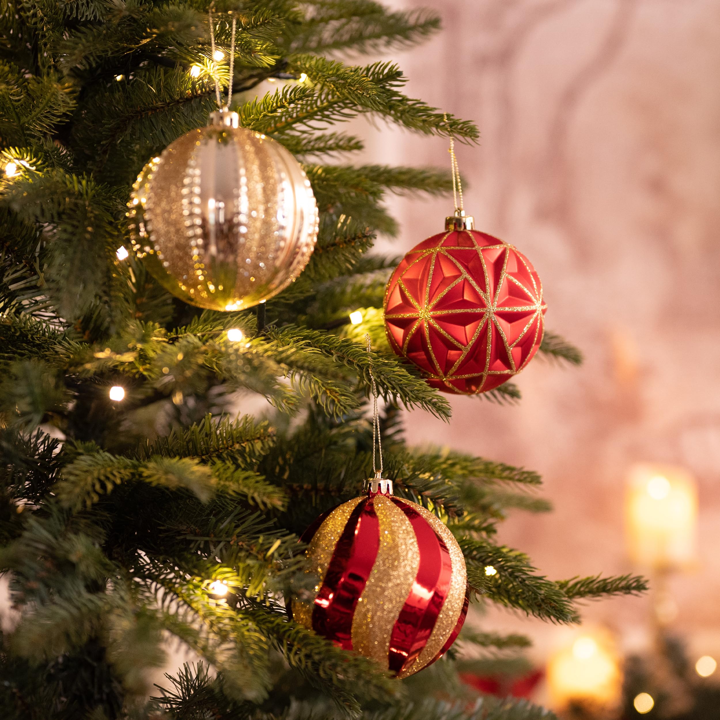 Intricate Red and Gold Baubles with Fairy Lights — Red and Gold Christmas Tree