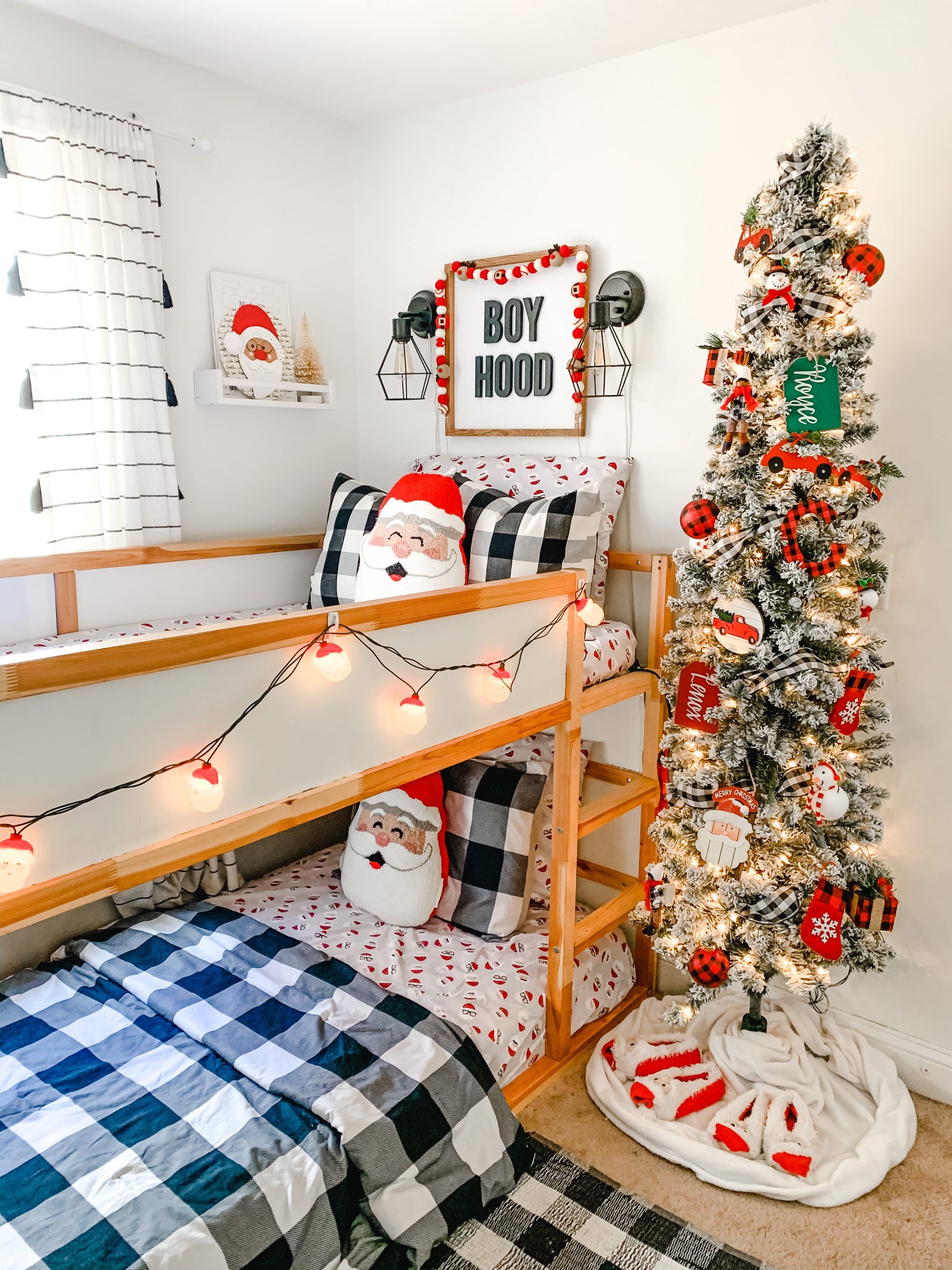 Farmhouse Style Flocked Tree with Buffalo Check Bedding — Kids Bedroom Christmas Decor