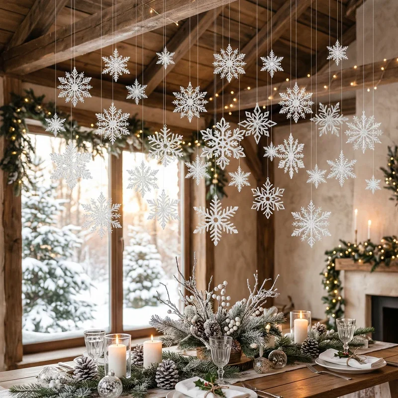 Winter Wonderland Dining Room with Hanging Snowflakes — Winter Wonderland Christmas Decor