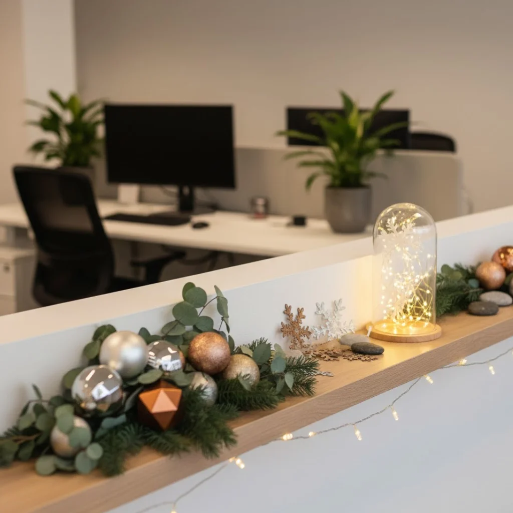 Minimalist Eucalyptus Garland and Fairy Lights on Shelf Minimalist Eucalyptus Garland and Fairy Lights on Shelf — Christmas Office Decor Ideas