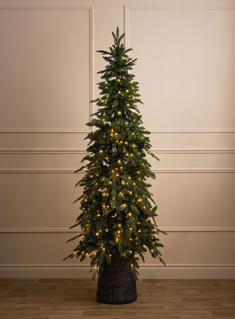 Tall, Slim Artificial Tree with Warm White Lights and Faux Wood Base Tall, Slim Artificial Tree with Warm White Lights and Faux Wood Base — Christmas Tree Lights