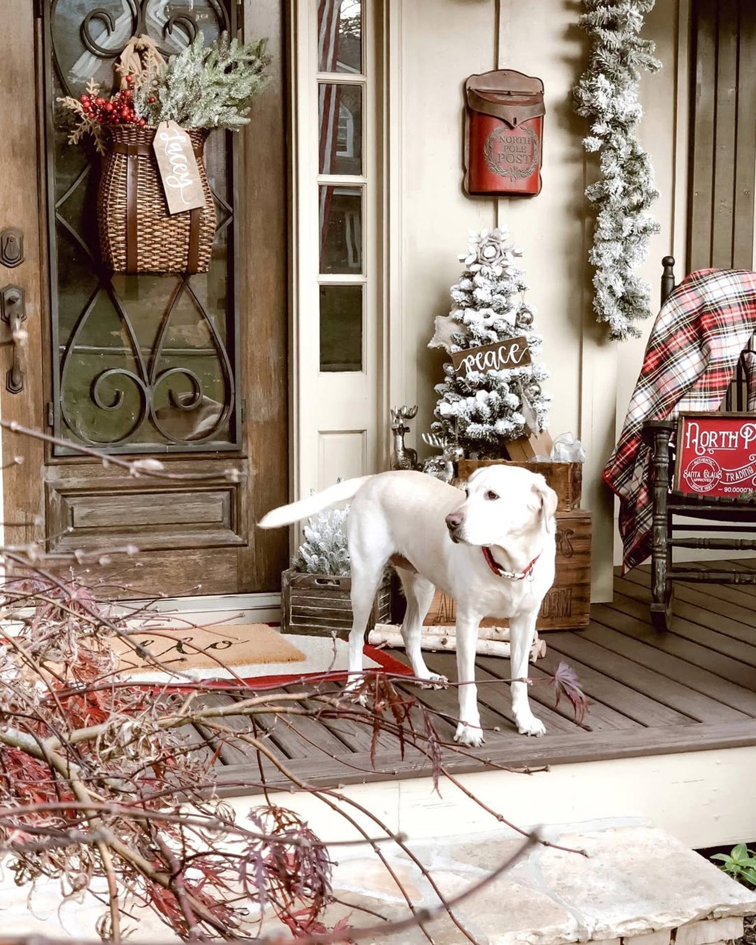 Farmhouse Porch with Flocked Mini Tree and Plaid Blanket Farmhouse Porch with Flocked Mini Tree and Plaid Blanket — Farmhouse Christmas Decor