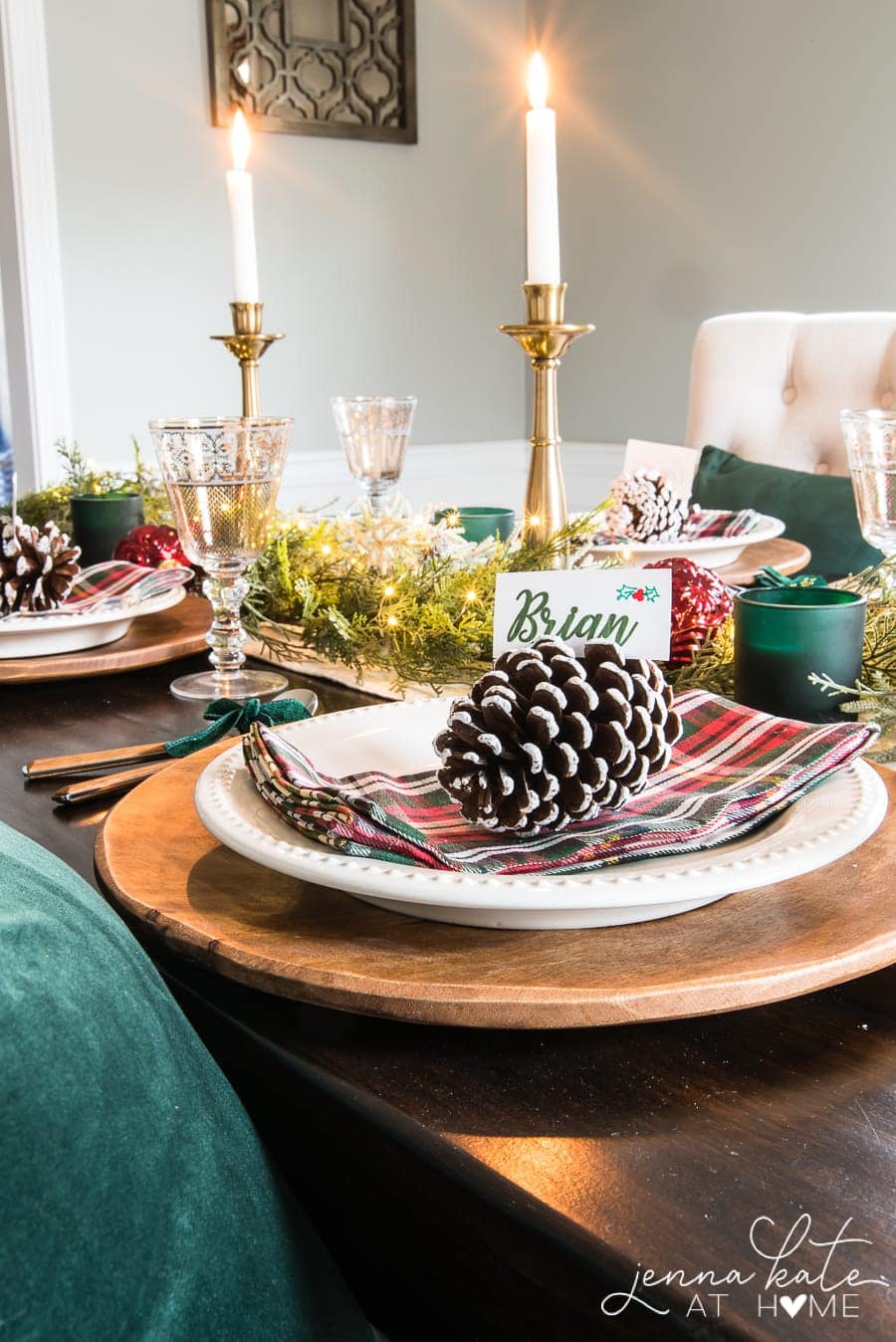 Cozy Traditional Table with Tartan Napkins and Pinecones — Christmas Table Setting