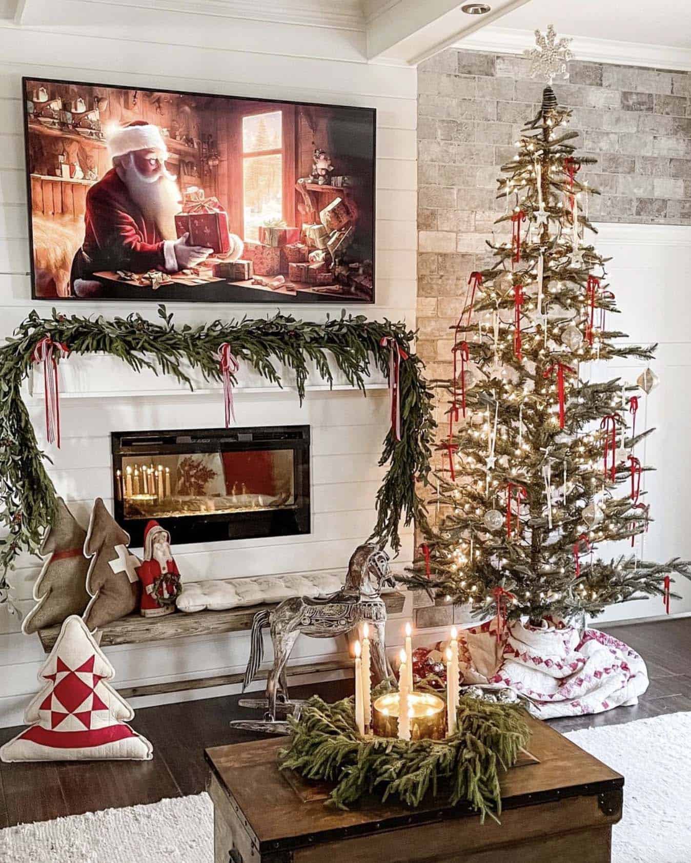 Cozy Living Room with Fireplace Garland and Rustic Accents Cozy Living Room with Fireplace Garland and Rustic Accents — Aesthetic Christmas Decor