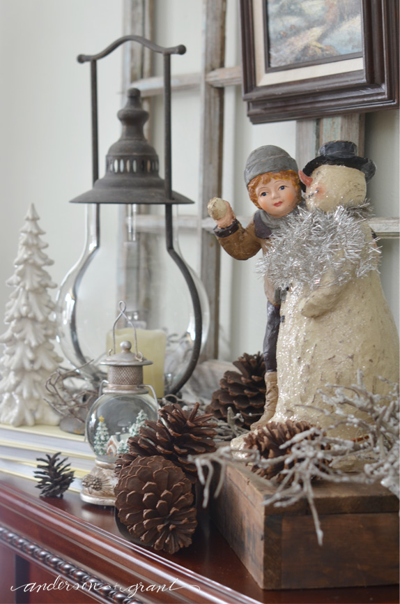 Nostalgic Mantel Display with Vintage Snowman and Pinecones — Winter Decor After Christmas