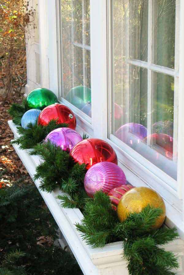 Window Box Filled with Oversized Ornaments and Pine Garland — Christmas Window Decor Outdoor