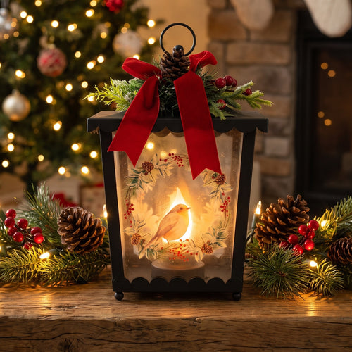 Black Lantern with Festive Bird Illustration — Christmas Lantern Lights