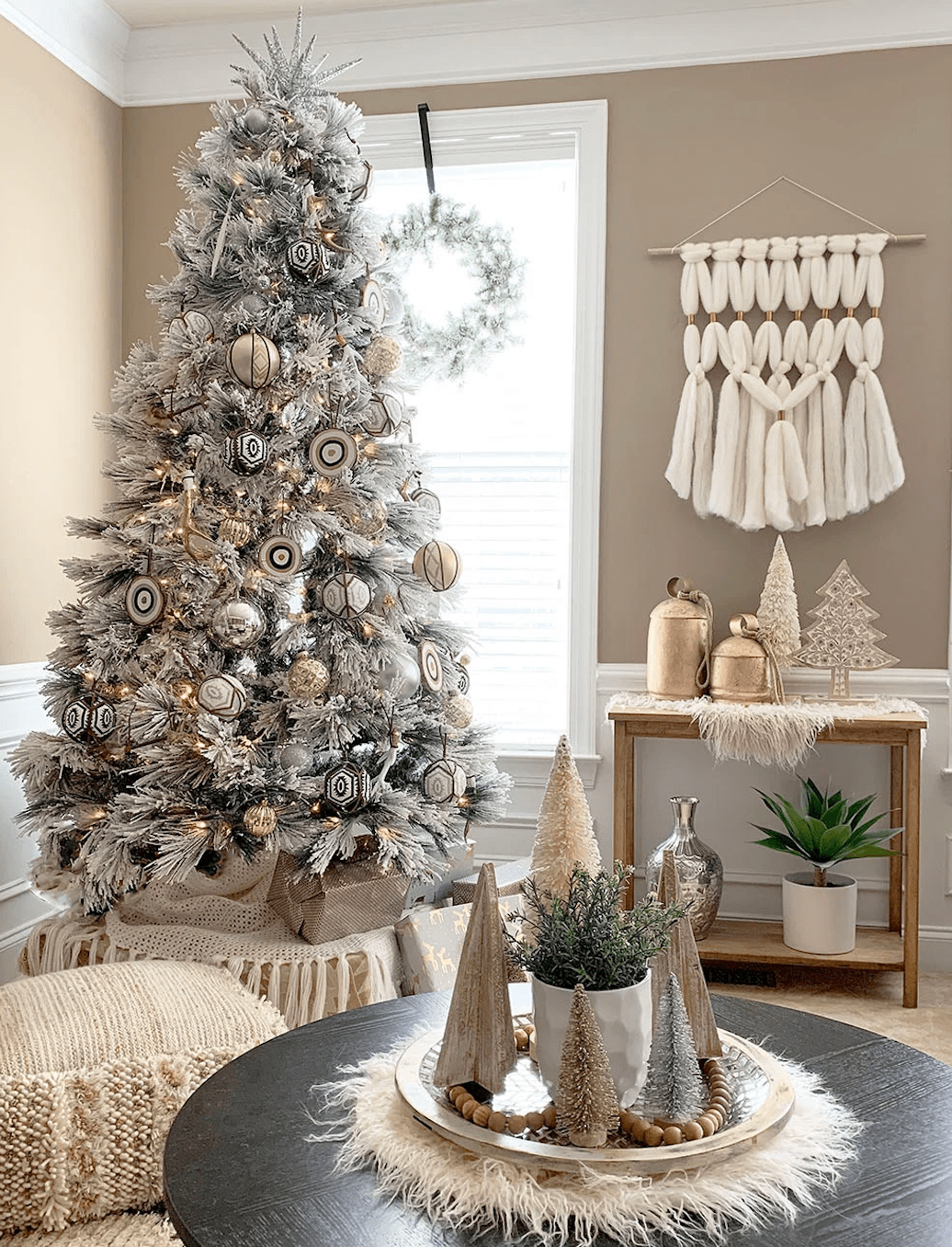 Flocked Boho Christmas Tree with Neutral Ornaments and Macrame Wall Hanging — Boho Christmas Decor