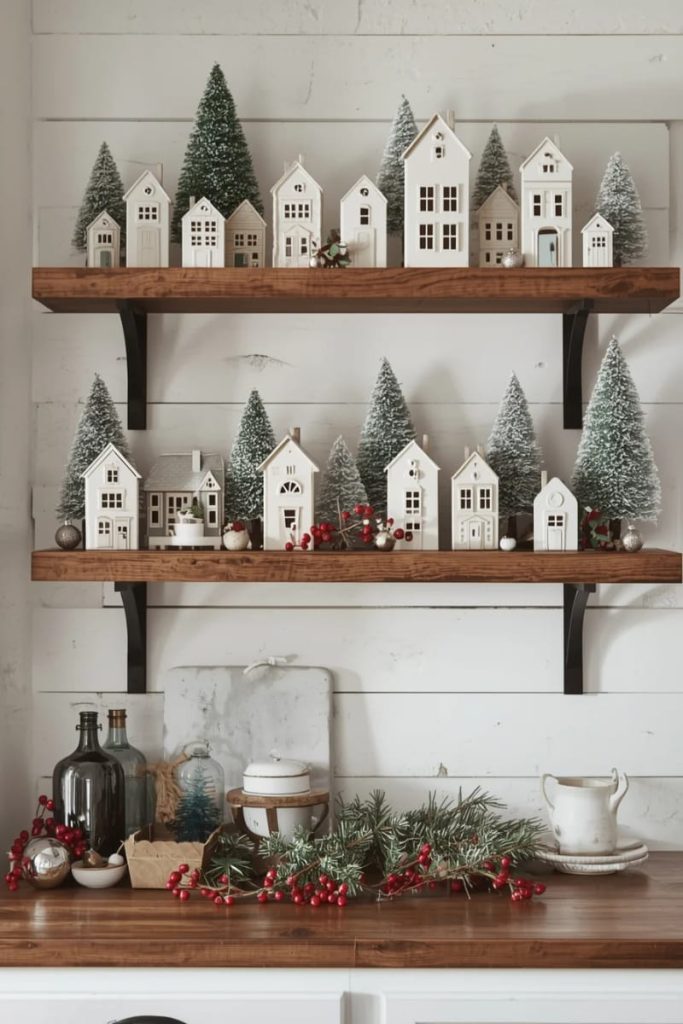 Farmhouse Shelving with Christmas Village Display — Rustic Christmas Decor