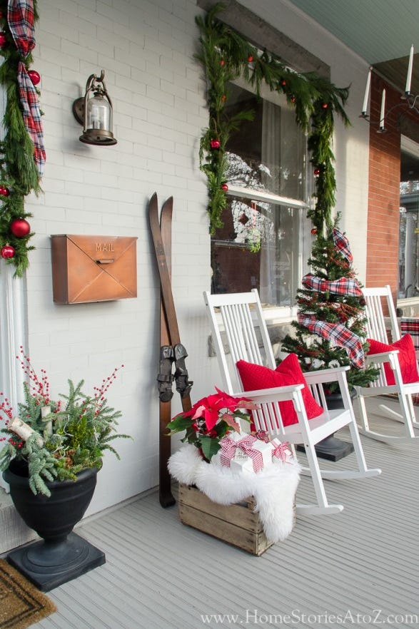Farmhouse Porch with Vintage Skis and Copper Mailbox — Christmas Porch Decor