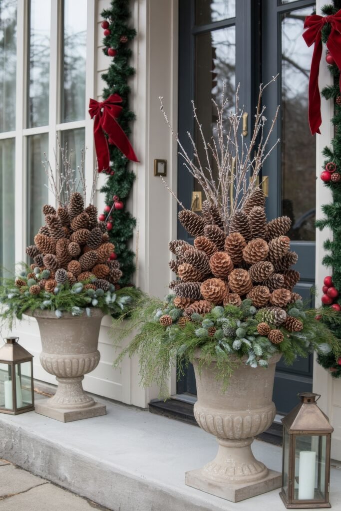 Grand Stone Urn Planters for a Classic Christmas Entrance Grand Stone Urn Planters for a Classic Christmas Entrance — Christmas Porch Planters