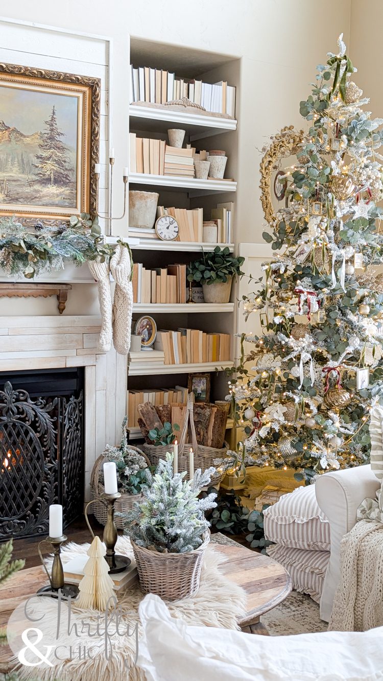 Flocked Farmhouse Tree with Eucalyptus and Bookshelves — Rustic Christmas Tree