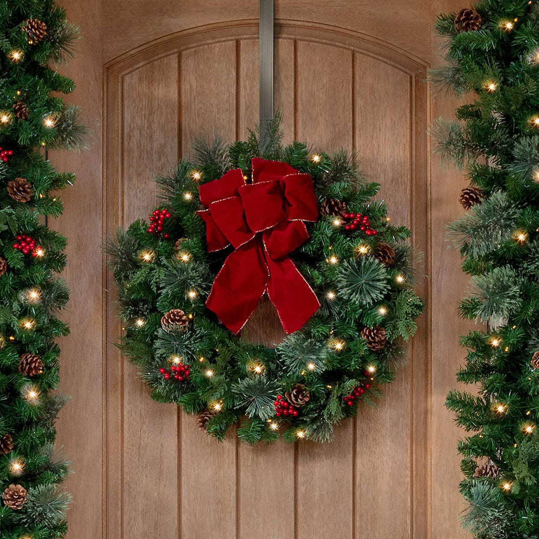 Pre-Lit Wreath with Red Velvet Bow and Flanking Garlands Pre-Lit Wreath with Red Velvet Bow and Flanking Garlands — Christmas Wreath