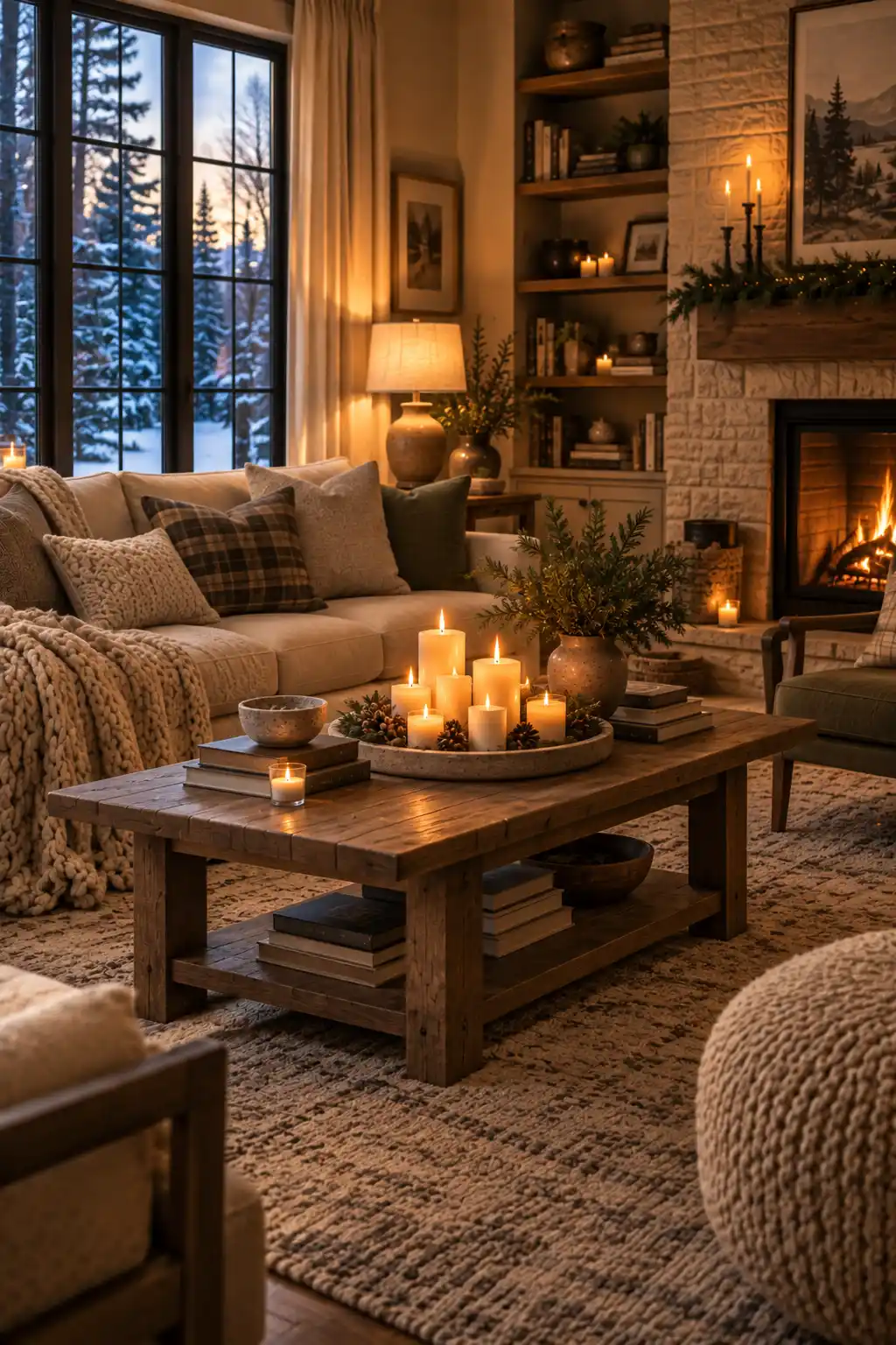 Candlelit Coffee Table Vignette with Greenery Candlelit Coffee Table Vignette with Greenery — Cozy Christmas Living Room