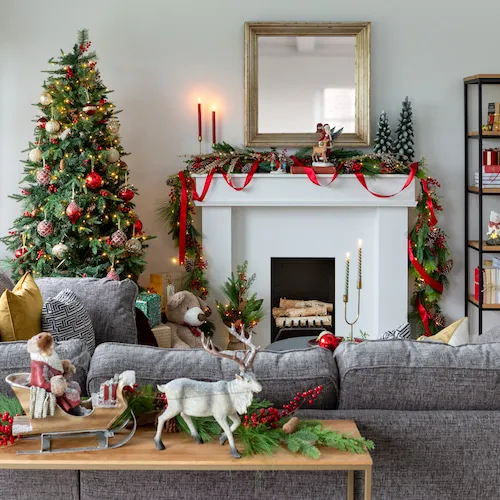 Festive Living Room with Tree, Fireplace, and Modern Sofas — Winter Wonderland Christmas Decor