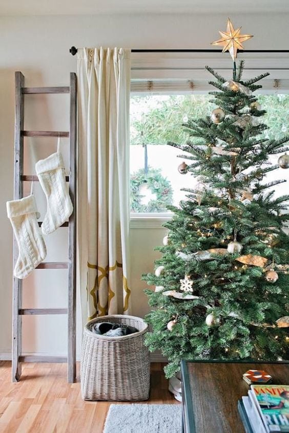 Cream Cable-Knit Stockings on a Farmhouse Ladder — Christmas Stockings Display