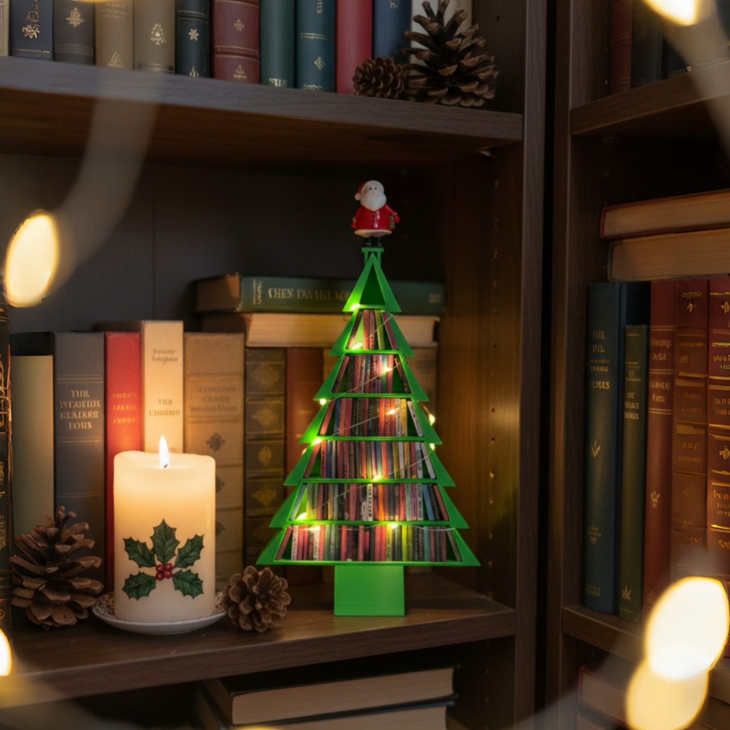 Miniature Christmas Tree as a Bookshelf Centerpiece Miniature Christmas Tree as a Bookshelf Centerpiece — Christmas Bookshelf Decor