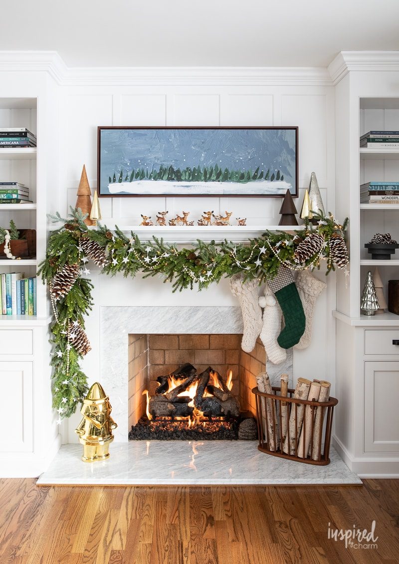 Modern Farmhouse Mantel with Marble Fireplace and Winter Landscape Art — Christmas Mantel Decor