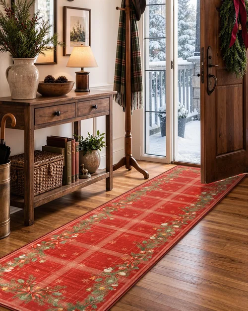 Traditional Hallway with Vibrant Red Christmas Runner Traditional Hallway with Vibrant Red Christmas Runner — Christmas Entryway Decor