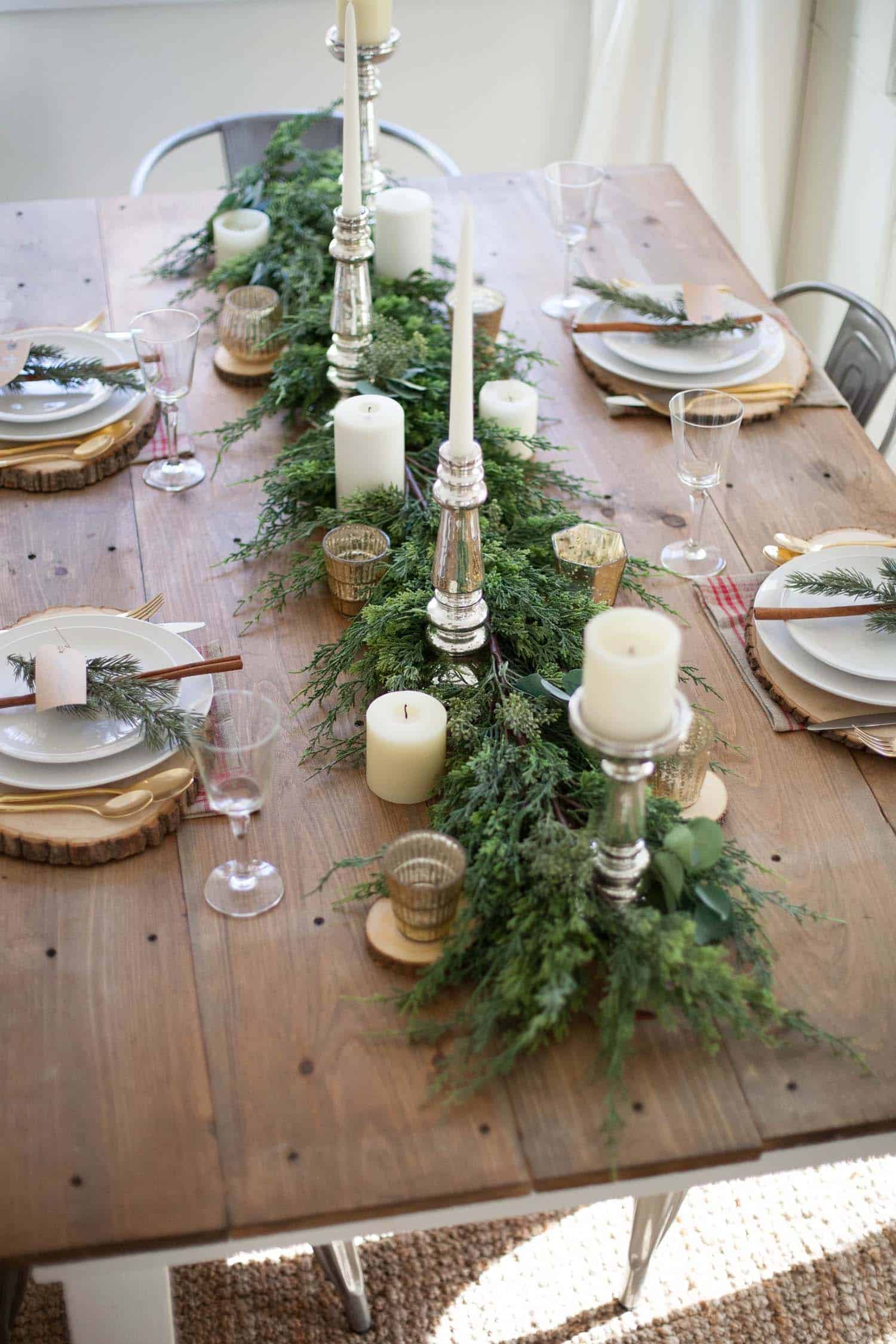 Rustic Dining Table with Natural Greenery Runner — Christmas Dining Room Decor