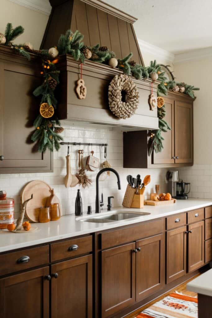 Traditional Kitchen Radiates Warmth with Natural Garland Traditional Kitchen Radiates Warmth with Natural Garland — Christmas Kitchen Decor