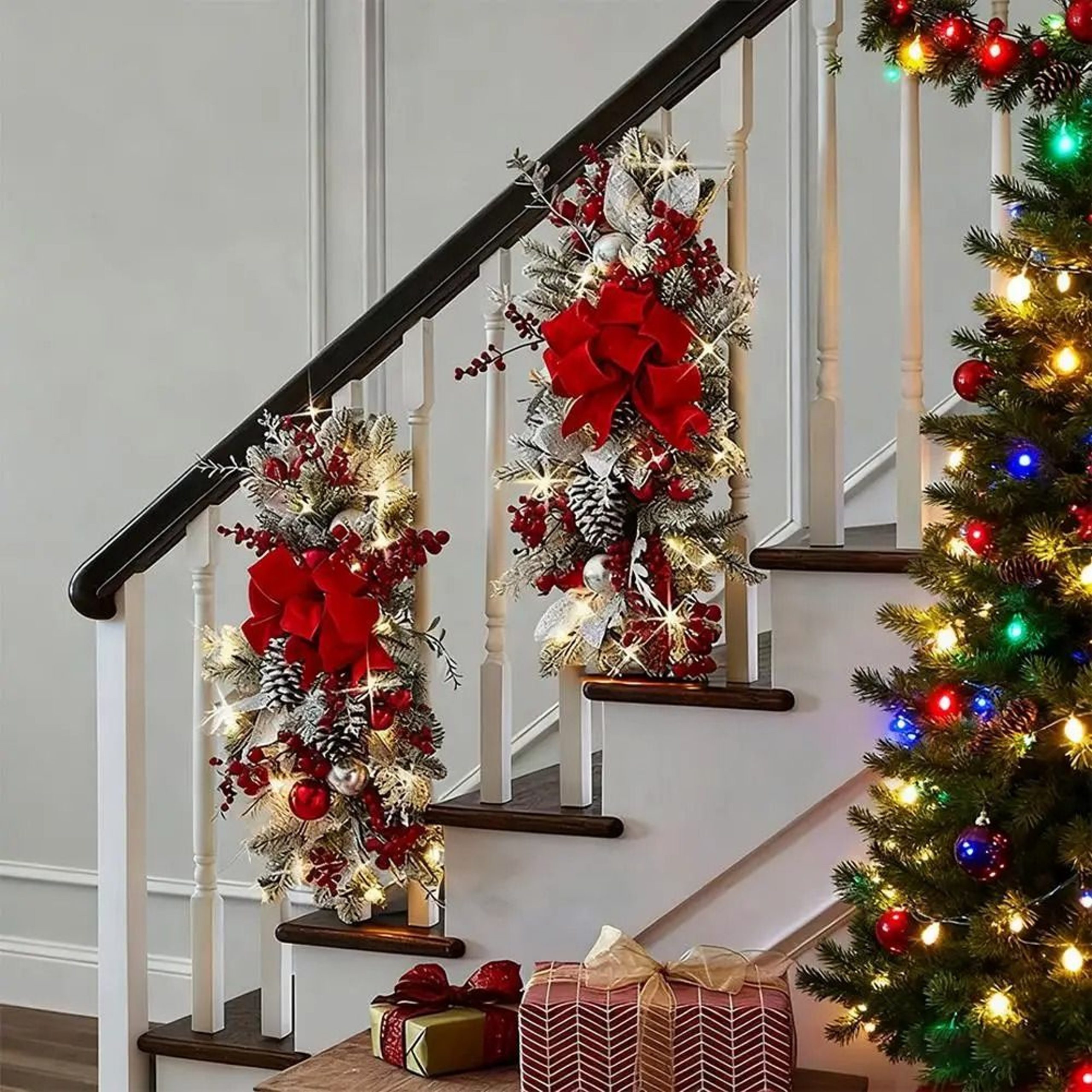Festive Red and White Swags with Large Red Bows on Staircase Festive Red and White Swags with Large Red Bows on Staircase — Christmas Staircase Decor